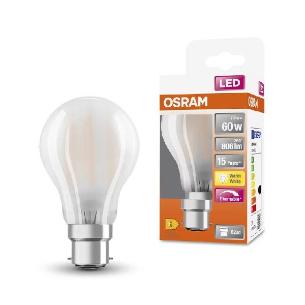 Ampoule LED B22 variable 60W=806 lumens blanc chaud - OSRAM led STANDARD 7W B22 2700K Blanc chaud 320° 806lm dépolie 104mm